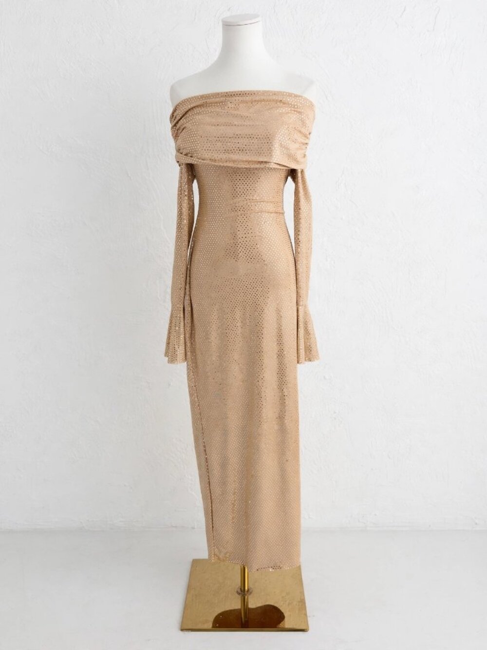 Off Shoulder Sequin Maxi Dress M Nude Sparkle Long Sleeve Gown Bodycon Glam